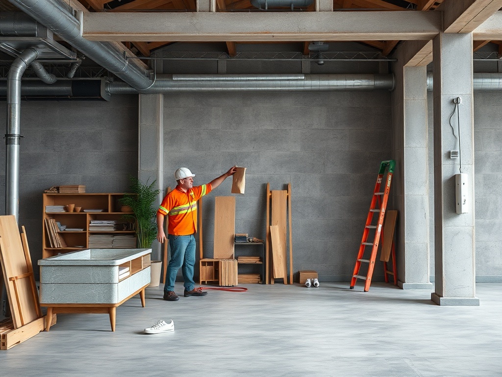 Рабочий в оранжевой жилетке держит в руках упаковку в пустом помещении с мебелью и лестницей.