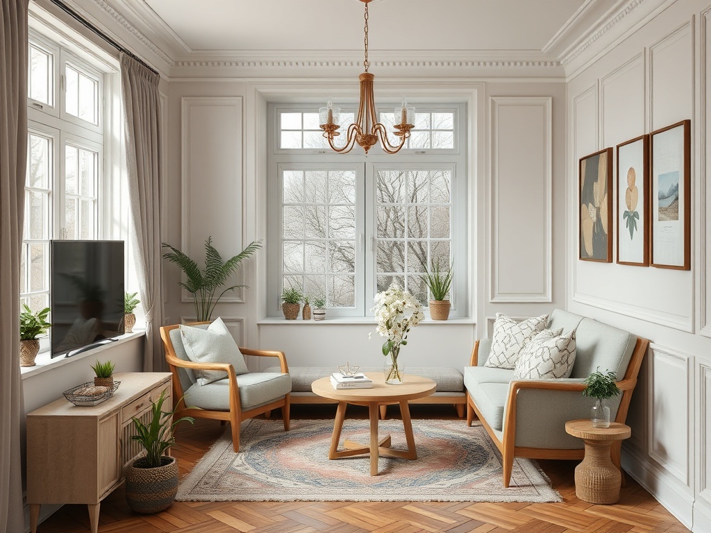 Современная гостиная с светлыми стенами, мебелью из дерева и зелеными растениями у окон. Расслабляющая атмосфера.