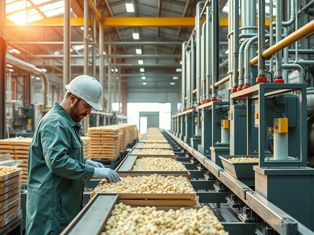 Рабочий на заводе сортирует продукцию в упаковки на конвейере. Много ящиков с товаром в светлом помещении.