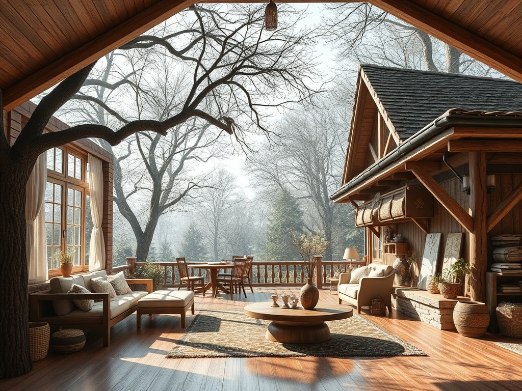 Уютный интерьер дома с большими окнами и видом на заснеженный лес. Деревья и солнечный свет создают атмосферу уюта.