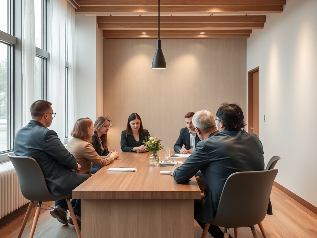 Группа людей в деловых костюмах обсуждает планы за круглым столом в современном офисе.