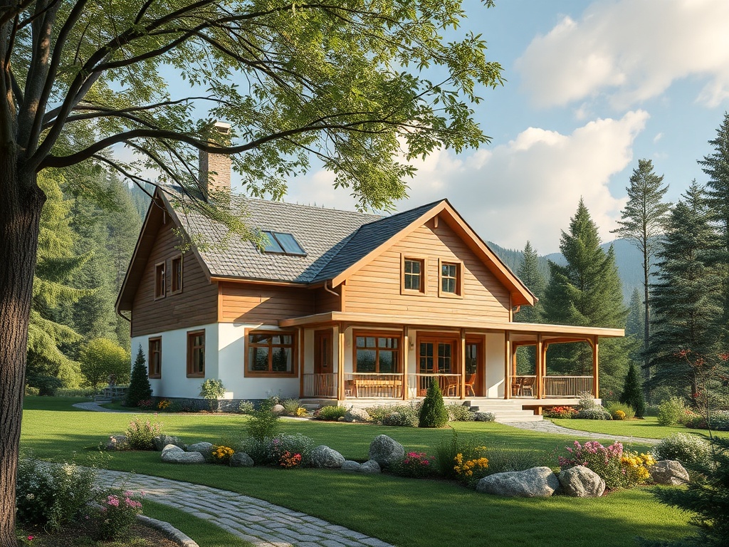 Уютный дом в окружении зелени, с цветами и камнями на ухоженном дворе под ясным небом.