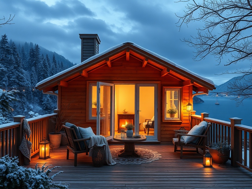 Уютная деревянная хижина на фоне зимнего пейзажа, с ярким светом из окон и лодками на воде.