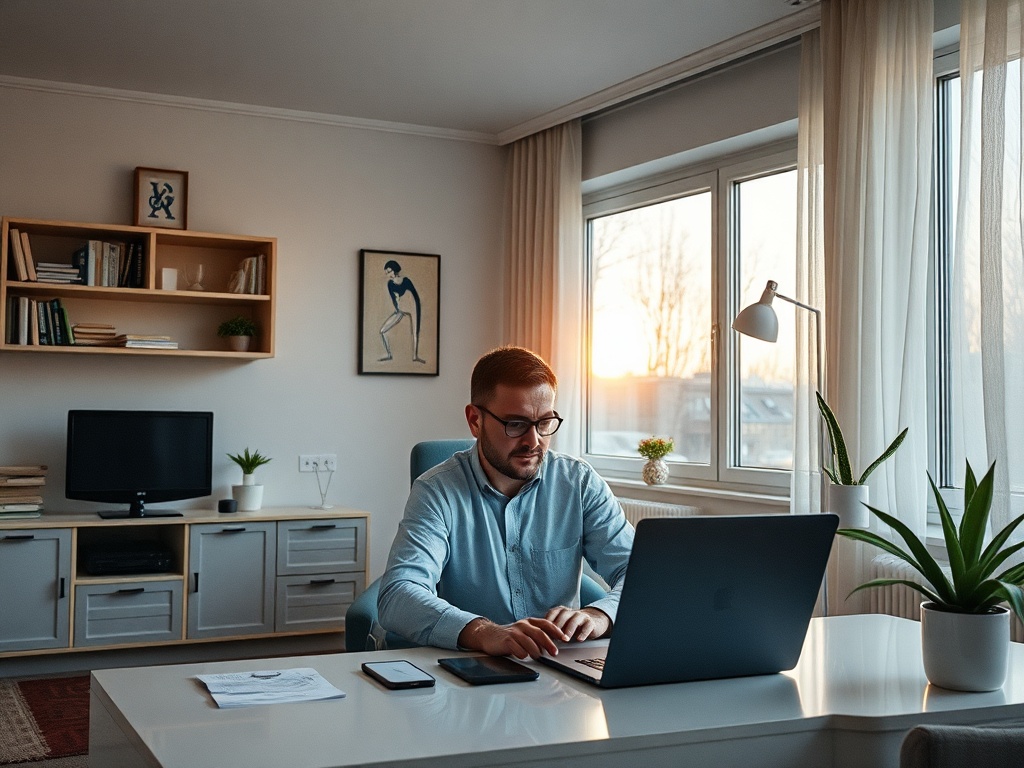 Молодой человек за работой за столом в светлом офисе, смотрит в экран ноутбука на фоне заката.