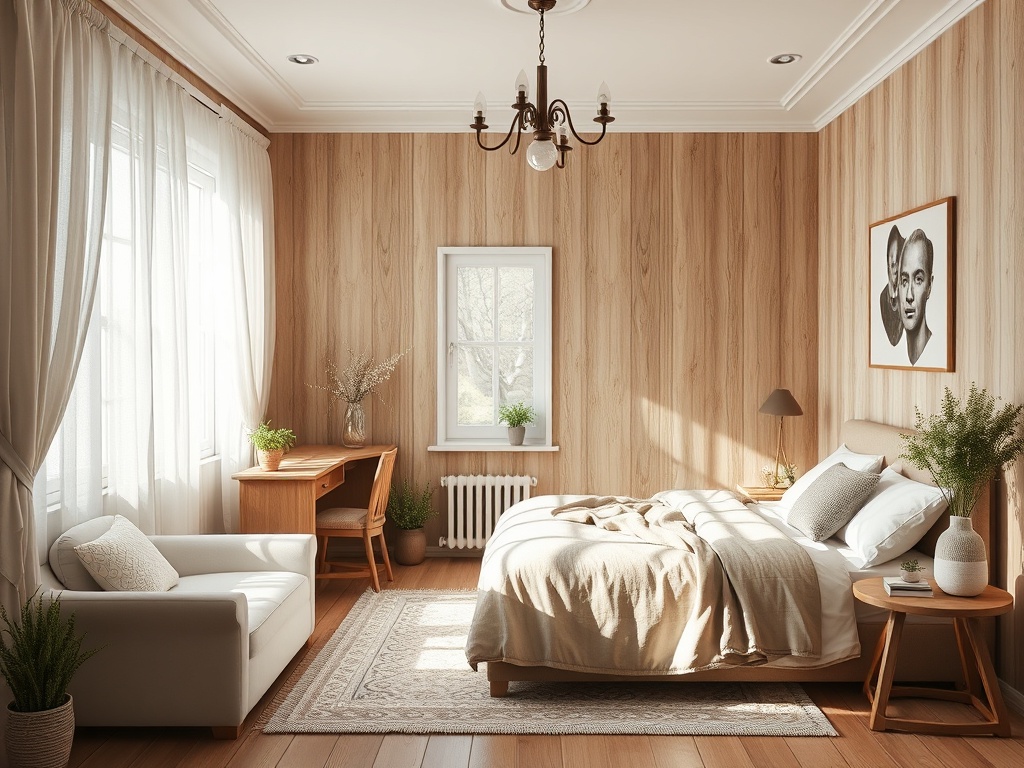 Уютная спальня с деревянными стенами, большим окном, мягкой мебелью и стильным декором.