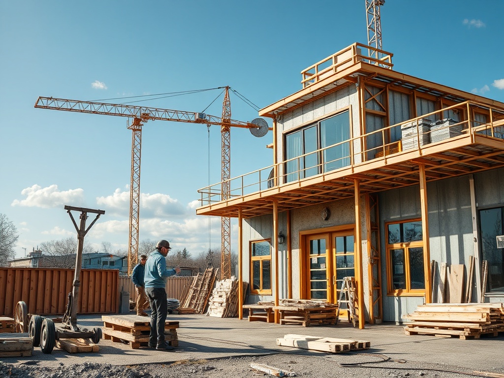 Строительная площадка с рабочими, кранами и зданием в процессе строительства под ясным небом.