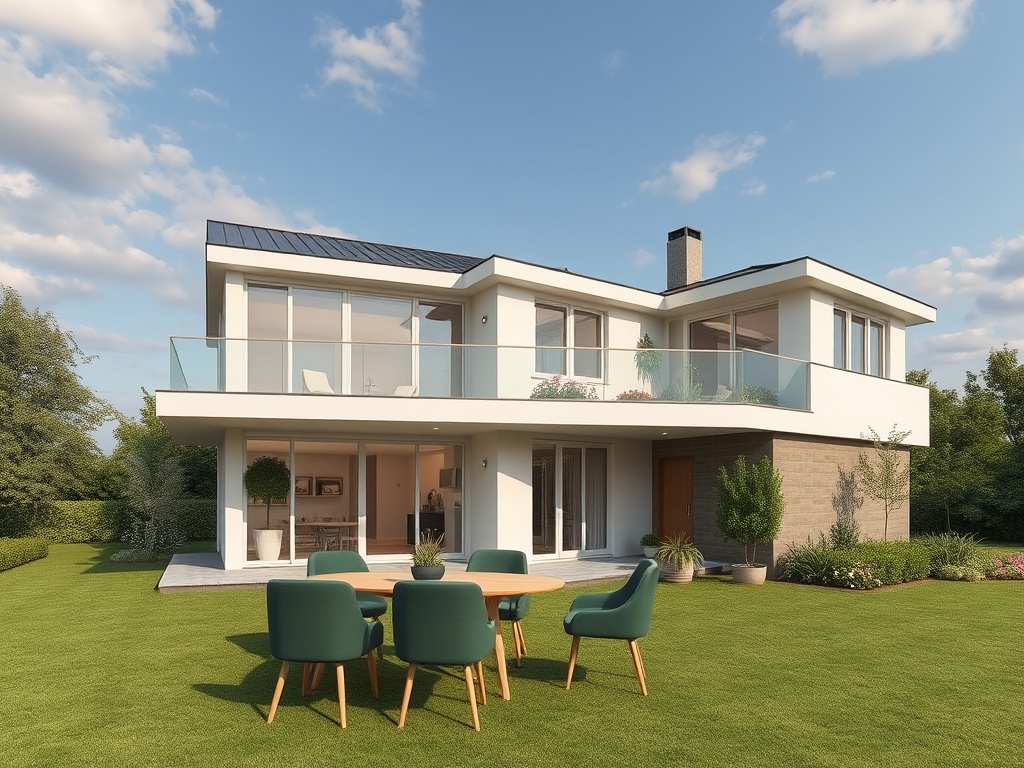 Современный дом с большими окнами, террасой и зелёным впереводе в окружении сада. Стол и стулья на газоне.