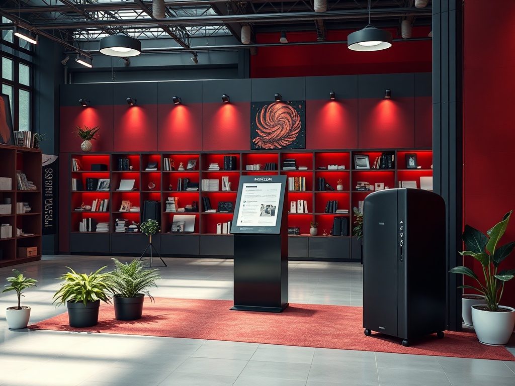 Современный интерьер с красными стенами, книжными полками и растениями, центр для чтения и отдыха.