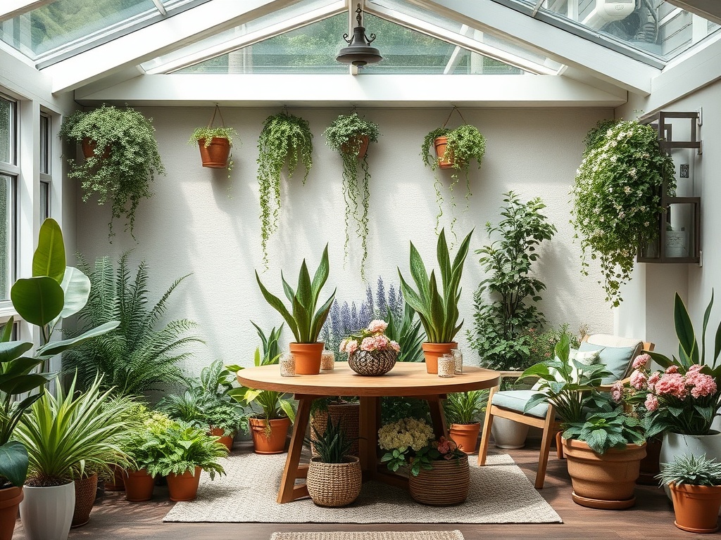 Светлая комната с большим количеством зелёных растений и уютной мебелью для отдыха.