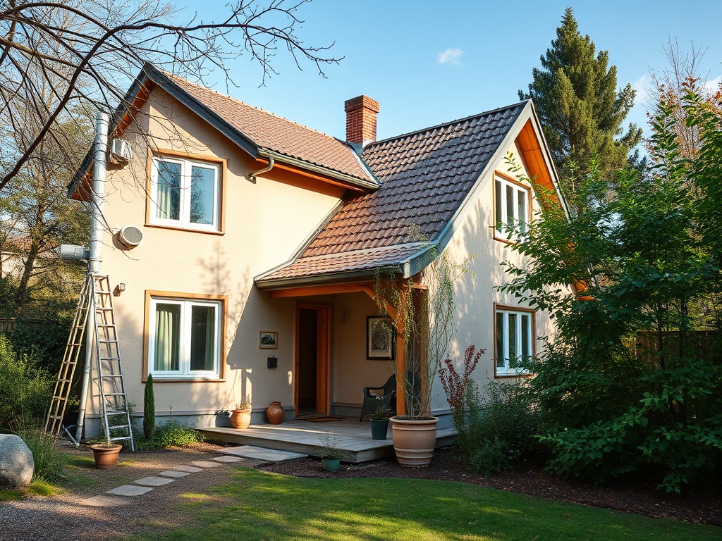 Двухэтажный дом с садом, лестницей, зелеными растениями и ясным небом, расположенный в тихом районе.