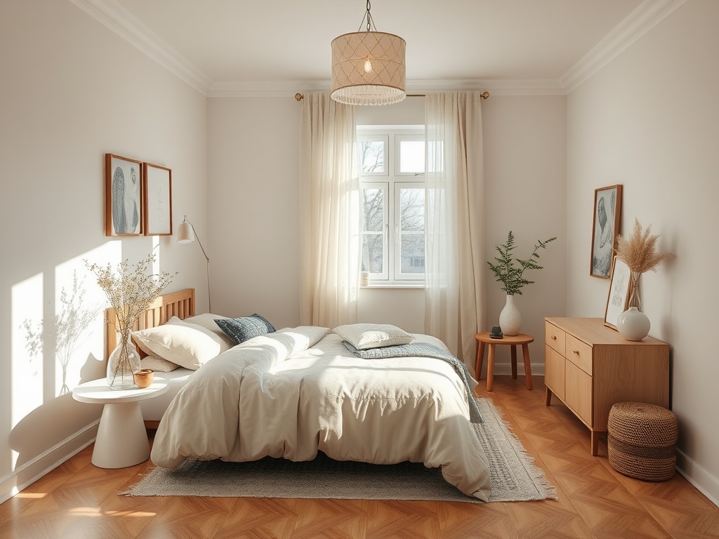 Светлая спальня с кроватью, уютной мебелью и большими окнами, пропускающими естественный свет.