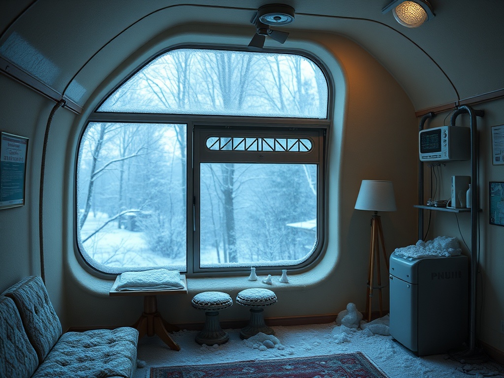 Уютная комната с большими окнами, за которыми снежный пейзаж и мороз. Мягкая мебель и освещение создают атмосферу уюта.