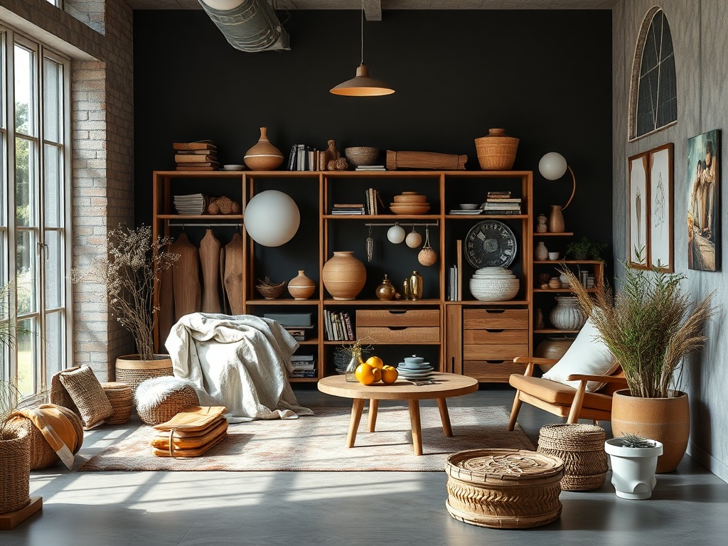 Современный интерьер с деревянными полками, уютной мебелью и элементами декора в теплых тонах.