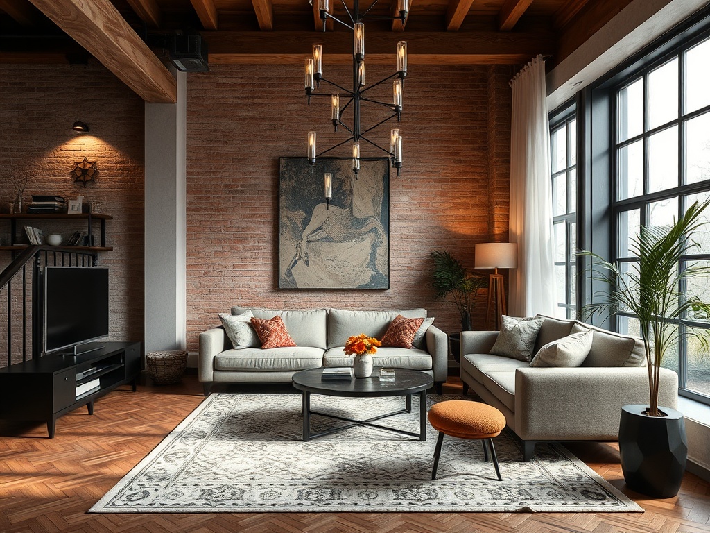 Современный уютный интерьер гостиной с кирпичной стеной, уютной мебелью и большим окном.