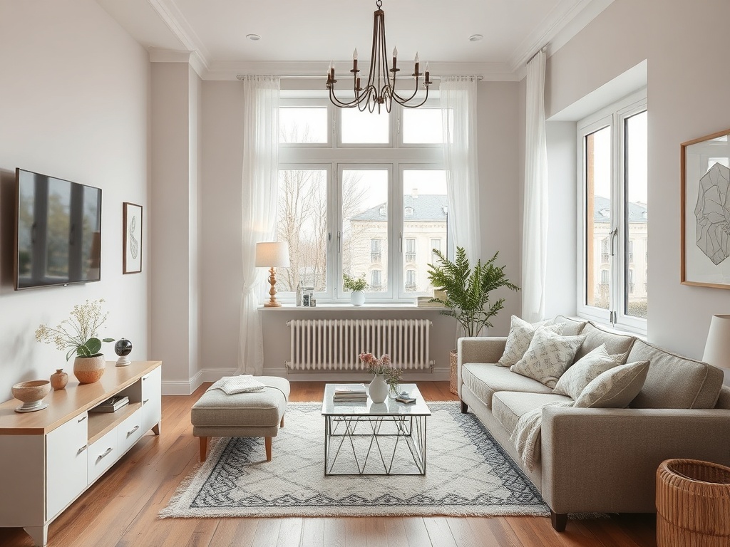 Светлая гостиная с диваном, столом и большими окнами, украшенная растениями и картинами на стенах.