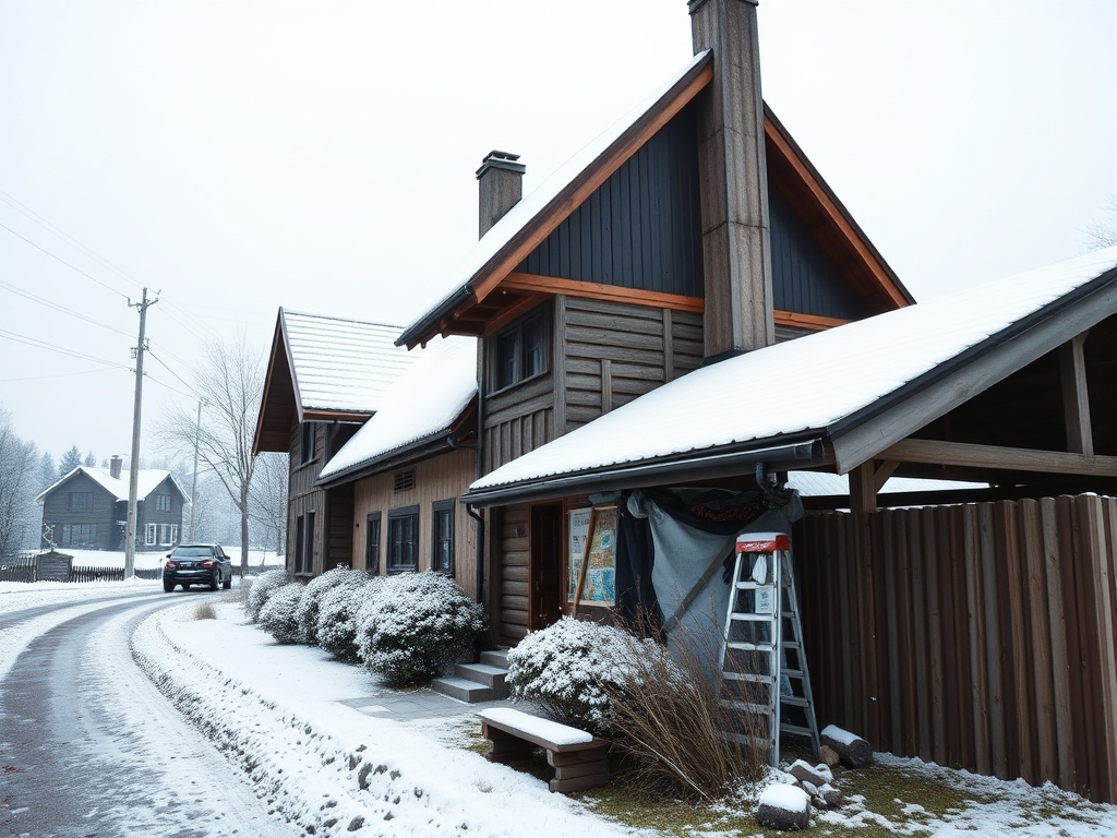 Деревянный дом в зимнем пейзаже, покрытый снегом, рядом с лестницей и ухоженным участком.