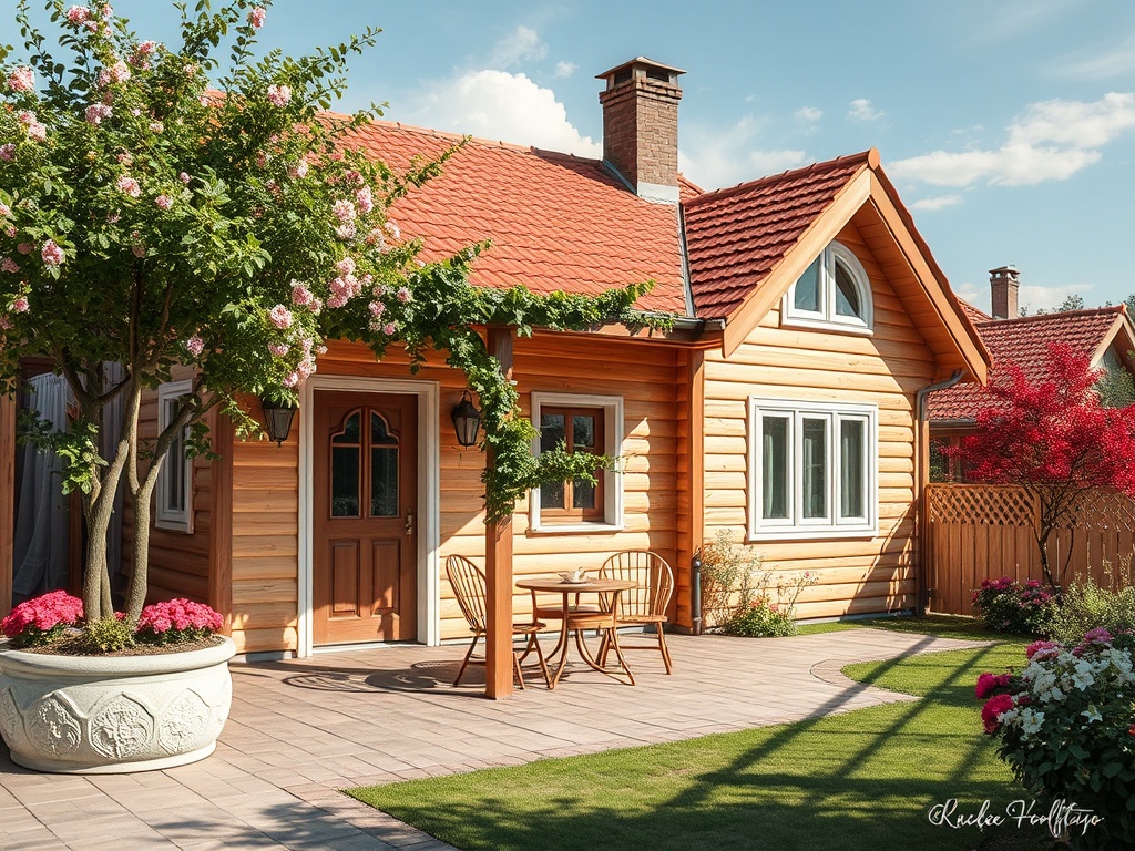 Светлый деревянный дом с красной крышей, окруженный цветами и зеленью, уютный дворик с мебелью.