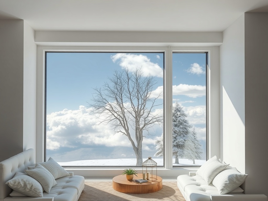 Просторная комната с панорамным окном, за которым виден зимний пейзаж с облаками и деревьями.
