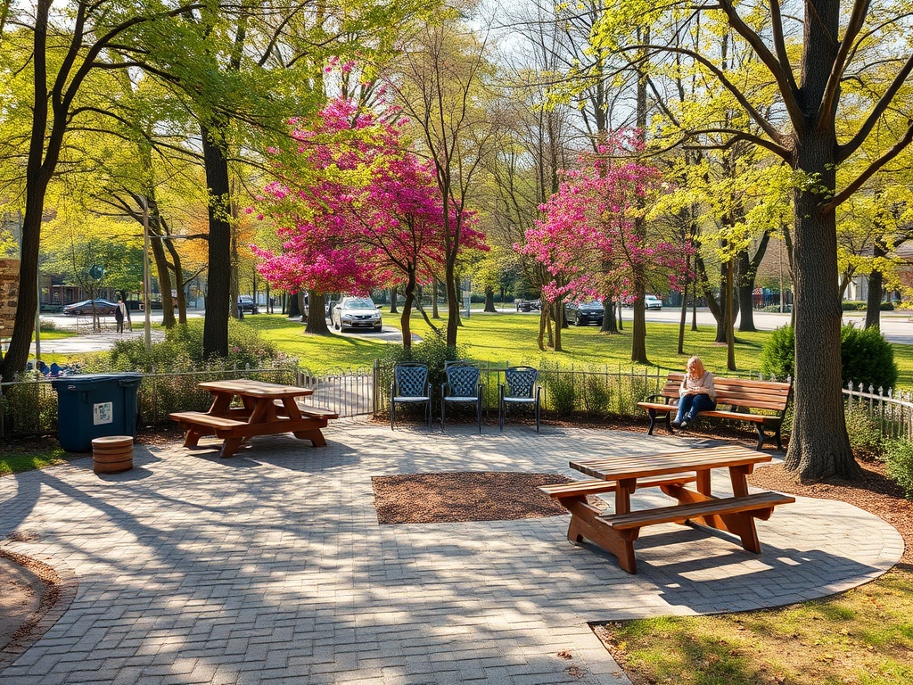 В зеленом парке стоят скамейки и столы. Женщина сидит на скамейке, цветут деревья с розовыми цветами.