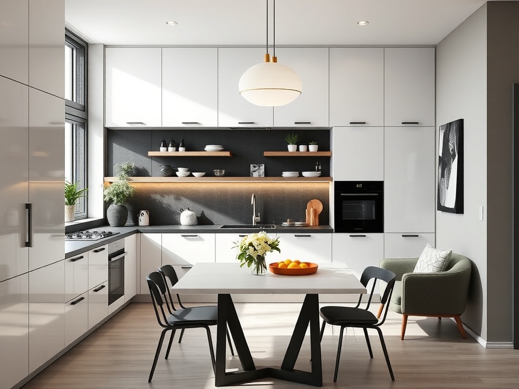 Современная кухня с белыми шкафами, черной столешницей и столом в центре, окружённая стульями.