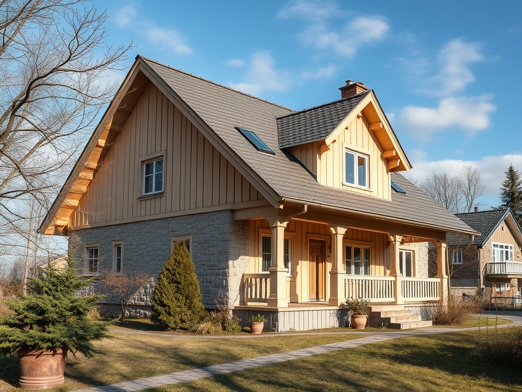 Деревянный дом с каменным основанием на фоне ясного неба и зелёного газона. Окружён растениями и деревьями.