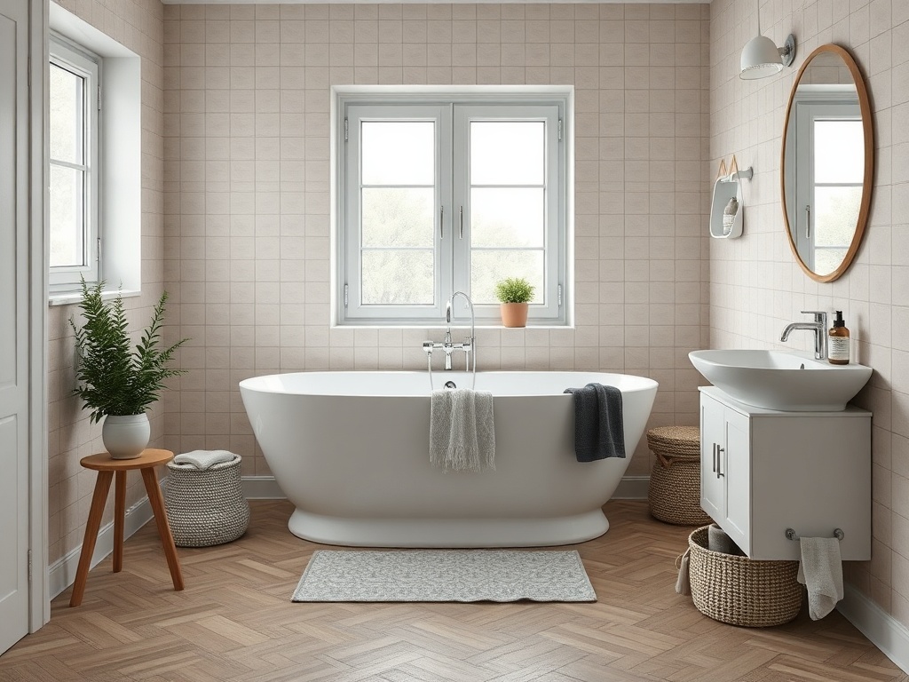 Современная ванная с белой ванной, раковиной и растениями на фоне светлых стен и деревянного пола.