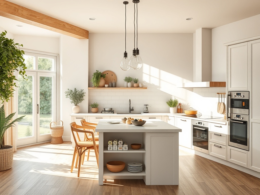 Современная светлая кухня с большим окном, растениями и стильной мебелью. Уютная атмосфера домашнего уюта.