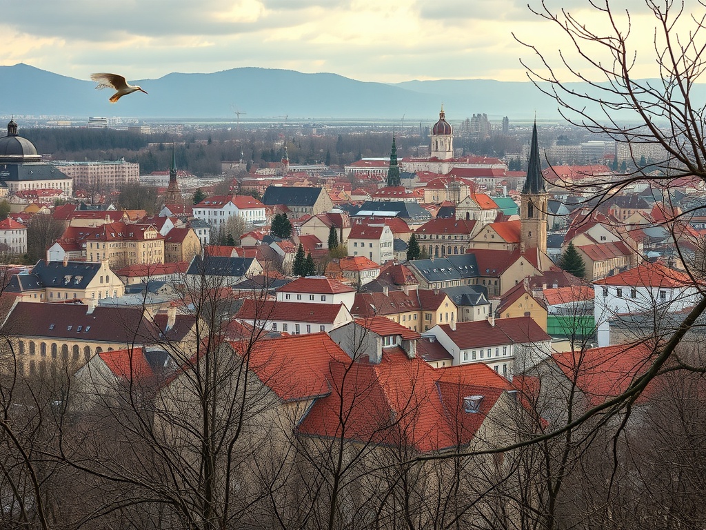 Городской пейзаж с красной крышей, деревьями на переднем плане и птицей в небе, западное небо.
