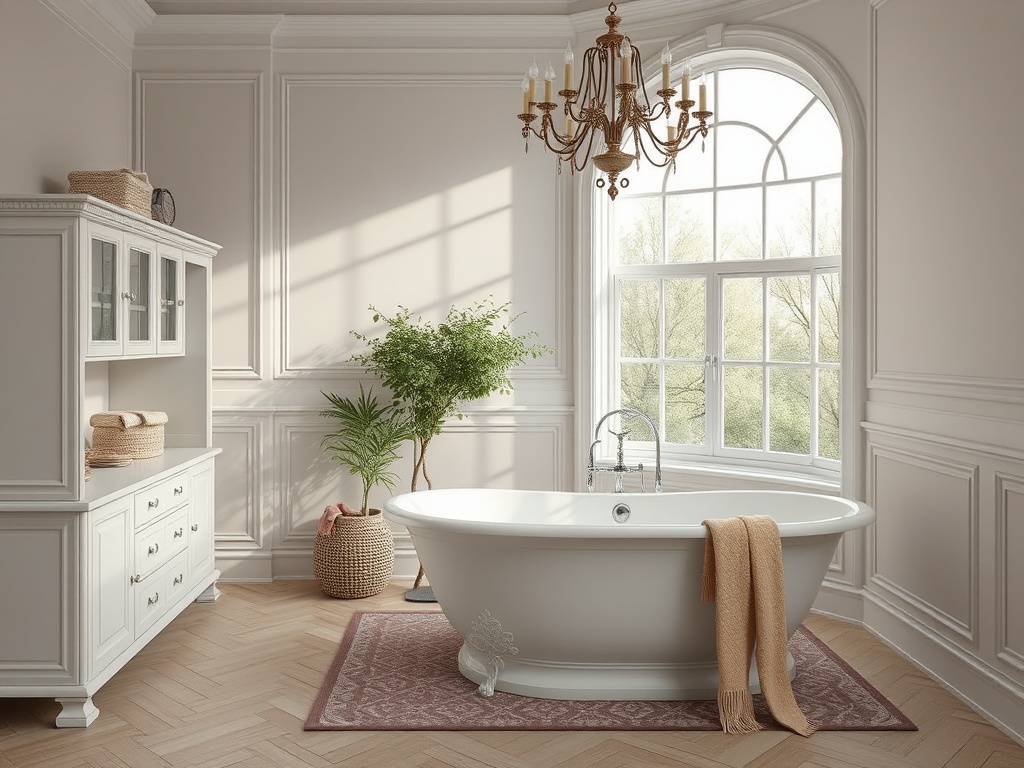 Светлая ванная комната с белой ванной, люстрой и зелеными растениями у окна. Уютная обстановка и стильный декор.