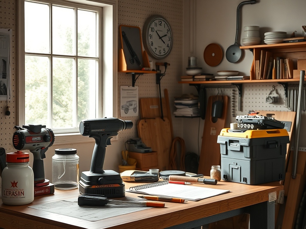 Мастерская с инструментами: дрели, коробка для инструментов, блокнот и рабочая атмосфера.