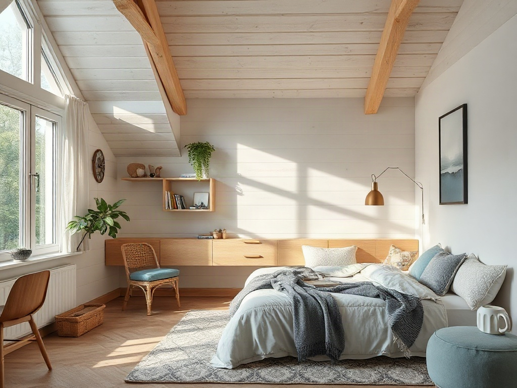 Светлая спальня с деревянными элементами, уютной кроватью и растениями. Яркий солнечный свет через окна.